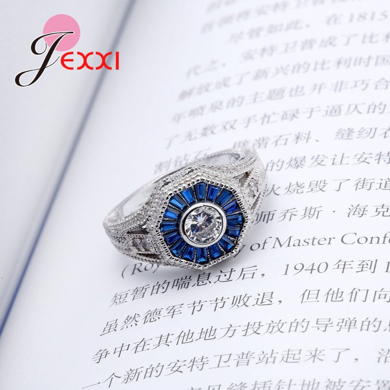 925 Sterling Silver Blue Zircon White Crystal Ring for Women