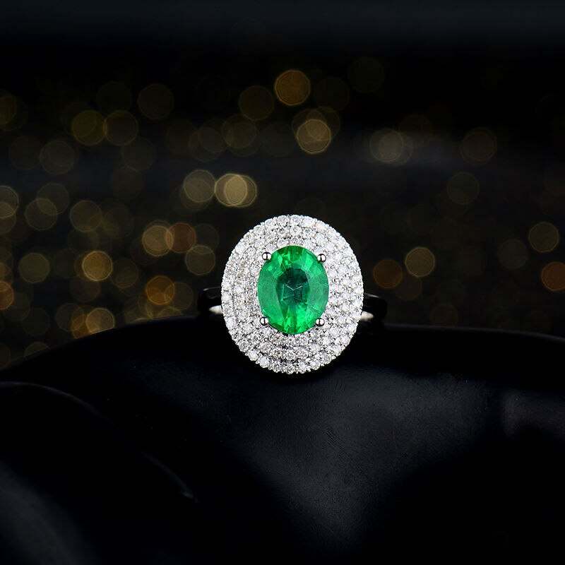 LANMI Solid 18K White Gold 2.2ct Natural Green Zambia Emerald Diamonds Ring