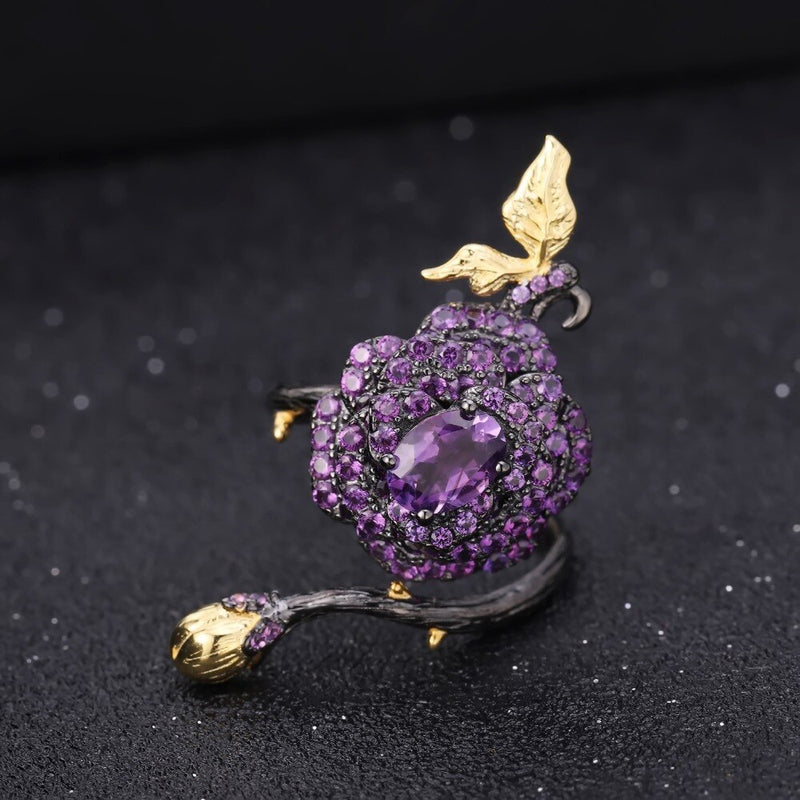 GEMS BALLET 925 Sterling Silver 2.18Ct Natural Amethyst Handmade Rose Flower Adjustable Ring & Earrings Jewelry Set