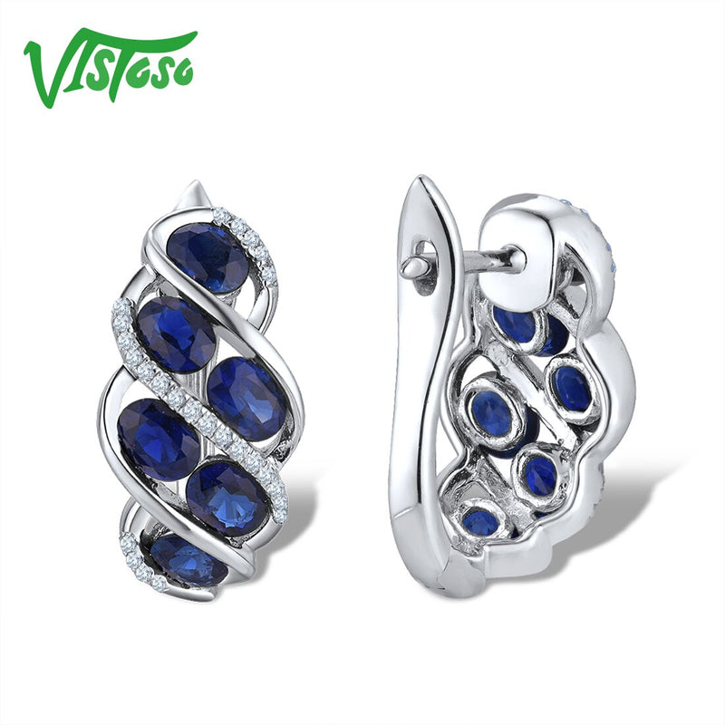 VISTOSO Pure 14K 585 White Gold Luxury Blue Sapphire Shiny Diamond Earrings