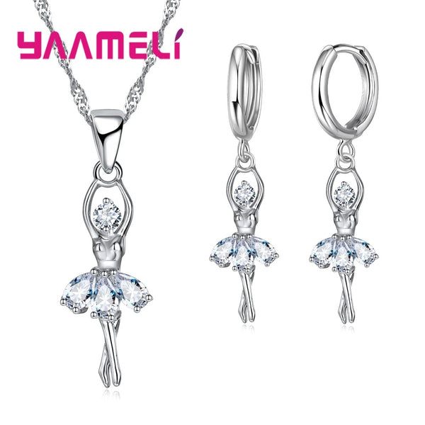 Solid S925 Sterling Silver Jewelry Gift Sets Cute Ballet Dancer Design Necklace Hoop Loop Earrings for Women Party