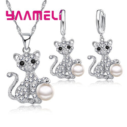 925 Sterling Silver Austrian Crystal Cat Design Pendant and Earrings Set for Women