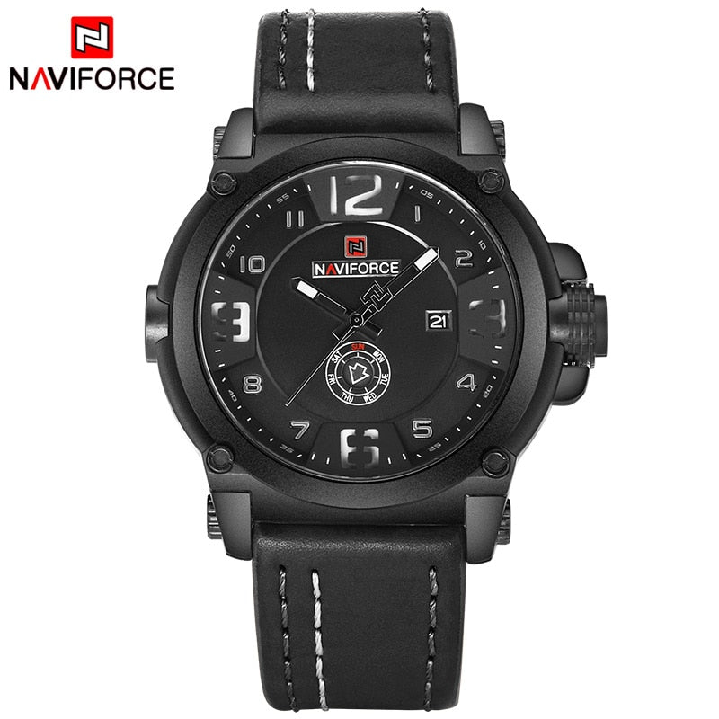 Luxury Quartz Men's Military Watch with Leather Strap and Date