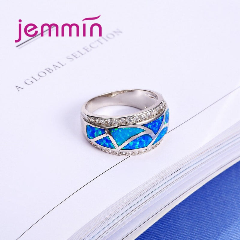 New Fashion Blue Fire Opal Ring With Clear CZ Pave Geometric Design Wedding Rings For Women Jewelry