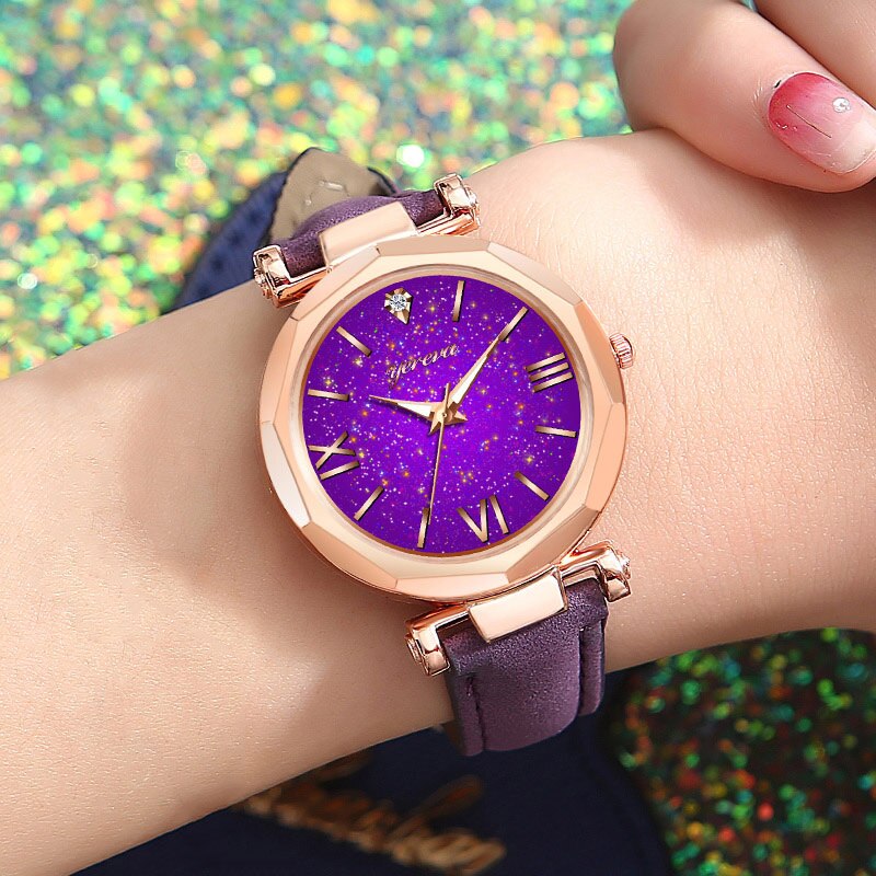 Women Casual Quartz Watch Round Star Dial Wrist Watch with Perforated Frosted Strap TT@88