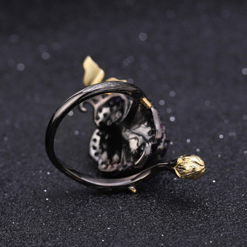 GEMS BALLET 925 Sterling Silver 2.18Ct Natural Amethyst Handmade Rose Flower Adjustable Ring & Earrings Jewelry Set