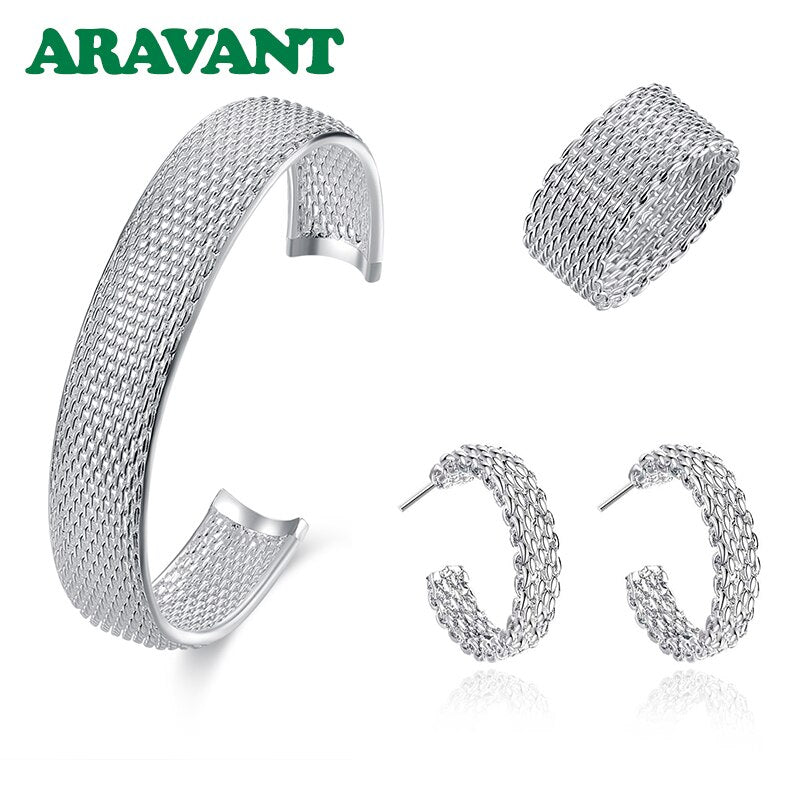 925 Silver Braided Mesh Circle Earrings and Bangle Set for Women