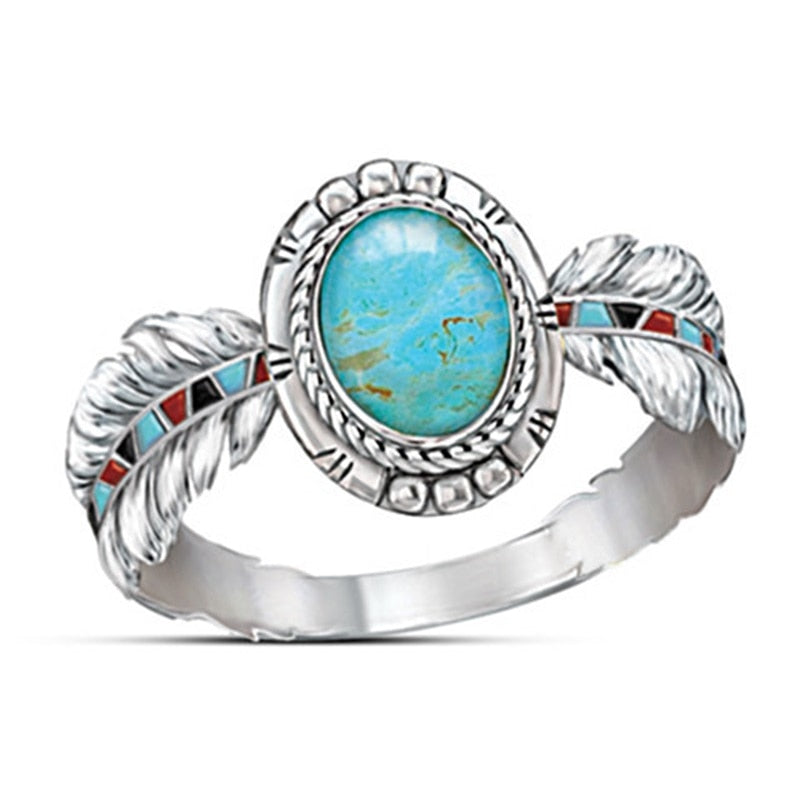 OMHXZJ Wholesale European Fashion Woman Girl Party Birthday Wedding Gift Feather Oval Turquoise 925 Sterling Silver Ring RR1020
