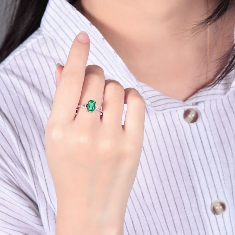 14K White Gold Emerald and Diamond Baguette Ring for Women