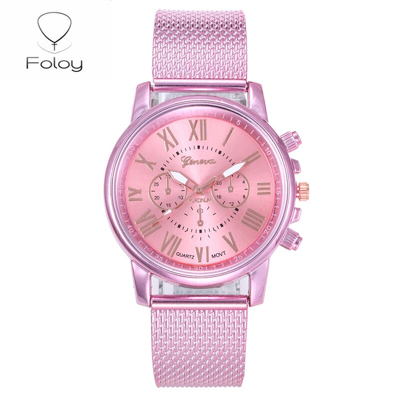 Foloy High-Quality Digital Geneva Roman Numerals Faux Leather Analog Quartz Ladies Watch