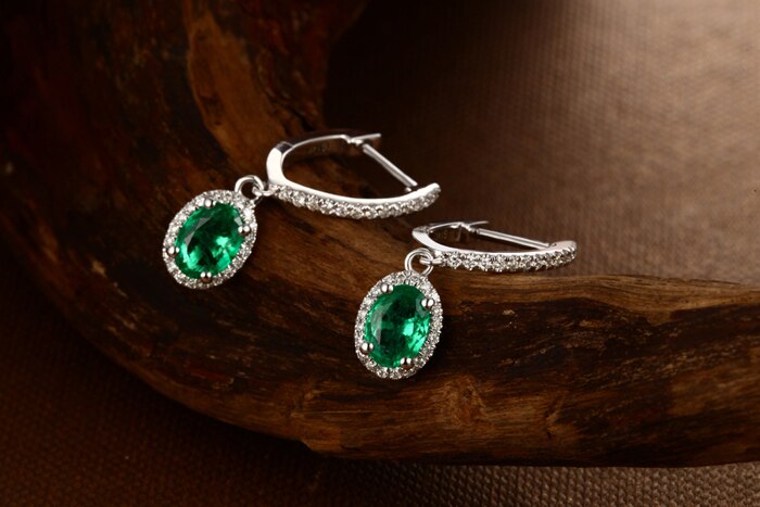 14K White Gold Emerald Diamond Engagement Earrings for Women