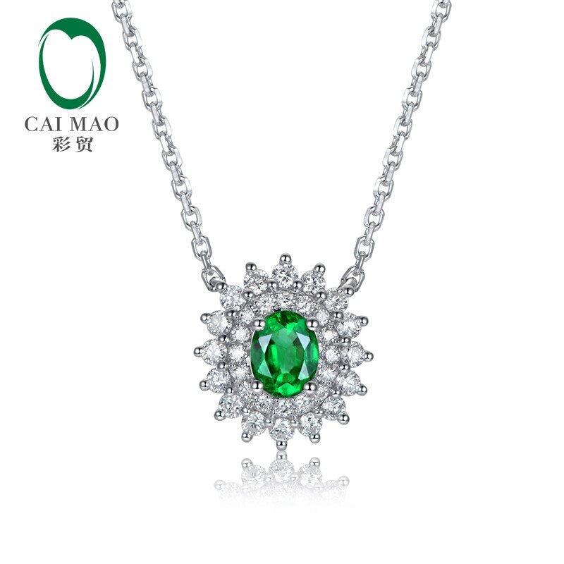 14K White Gold Emerald and Diamond Pendant Necklace for Women