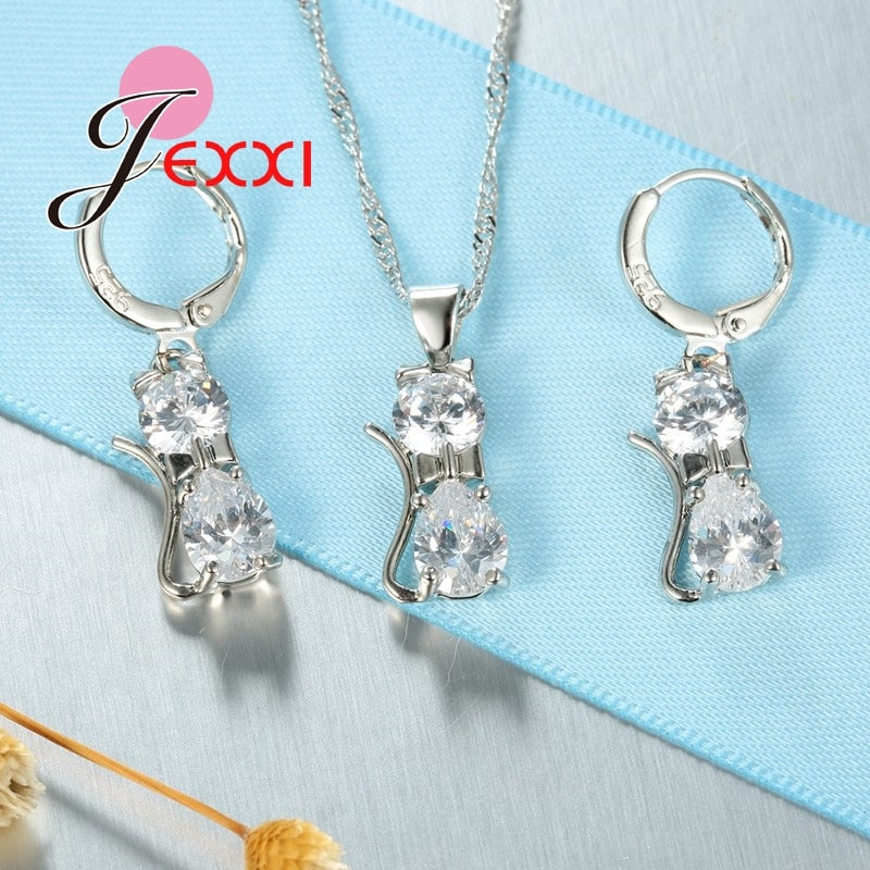 Genuine 925 Sterling Silver Cubic Zirconia Kitty Necklace Pendant & Leverback Earrings Jewelry Set