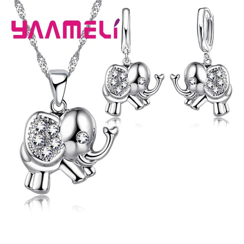 Sterling Silver Elephant Design Necklace and Earrings with Austrian Crystal for Women