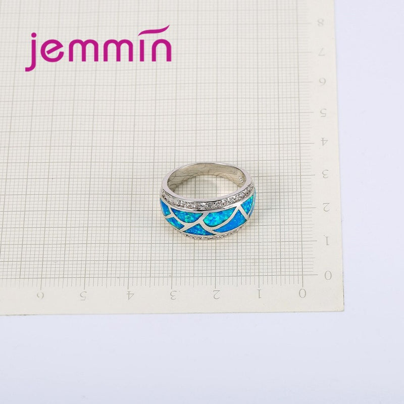 New Fashion Blue Fire Opal Ring With Clear CZ Pave Geometric Design Wedding Rings For Women Jewelry
