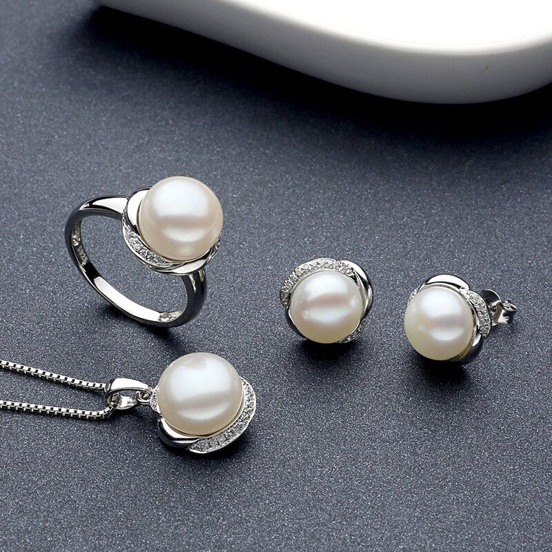Sinya 925 Sterling Silver Natural 10-11mm Pearl Ring Earrings & Necklace Jewelry Set