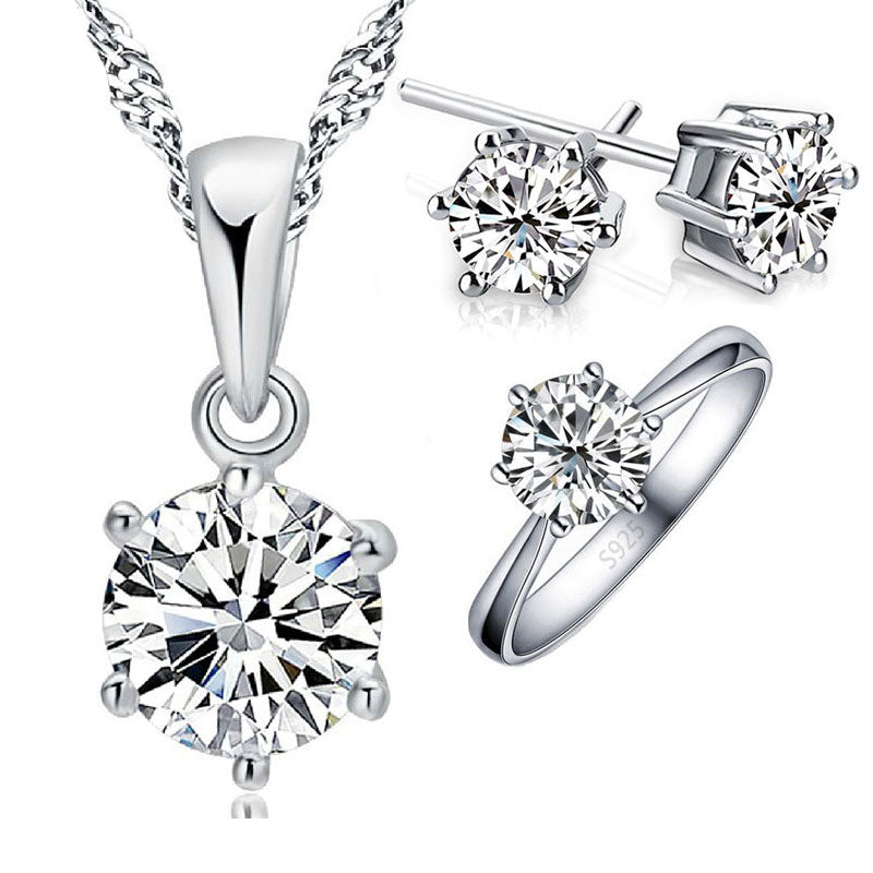 925 Sterling Silver Cubic Zircon Crystal Necklace Rings Stud Earrings Jewelry Set