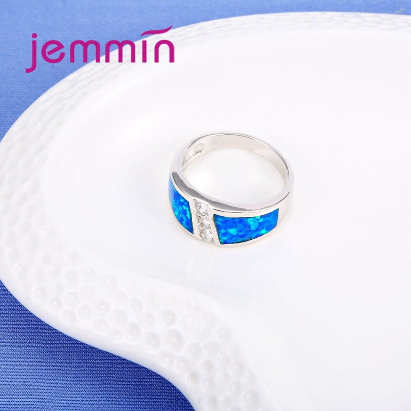 Noble Symbol Romantic Trendy White Stone Blue Fire Opal Ring Women White Crystal Silver Wedding Engagement Jewelry