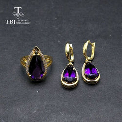 TBJ 925 Sterling Silver Natural African Amethyst Pear cut Ring & Earrings Jewelry Set