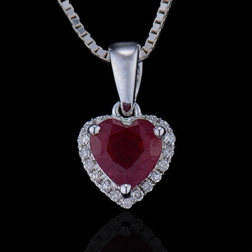 LOVERJEWELRY Solid 18K White Gold Diamond Red Ruby Heart Pendant