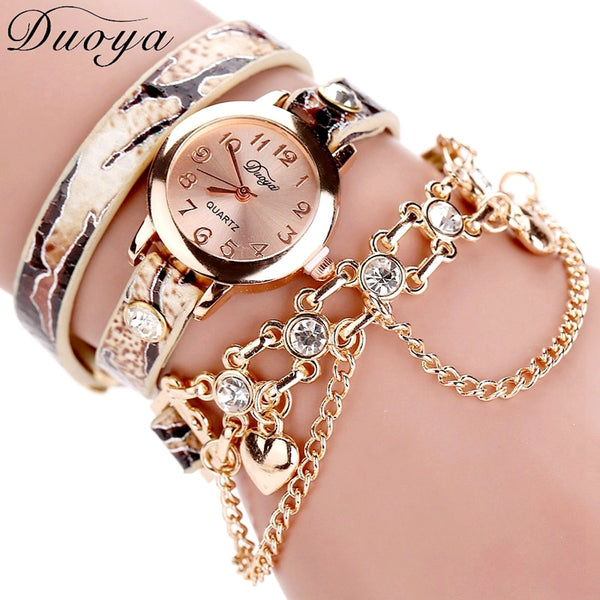 Duoya Quartz WristWatch Women with Leopard Braided Bracelet & Chain
