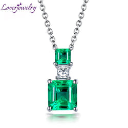 18K White Gold Princess Cut Emerald Natural Diamond Pendant for Her