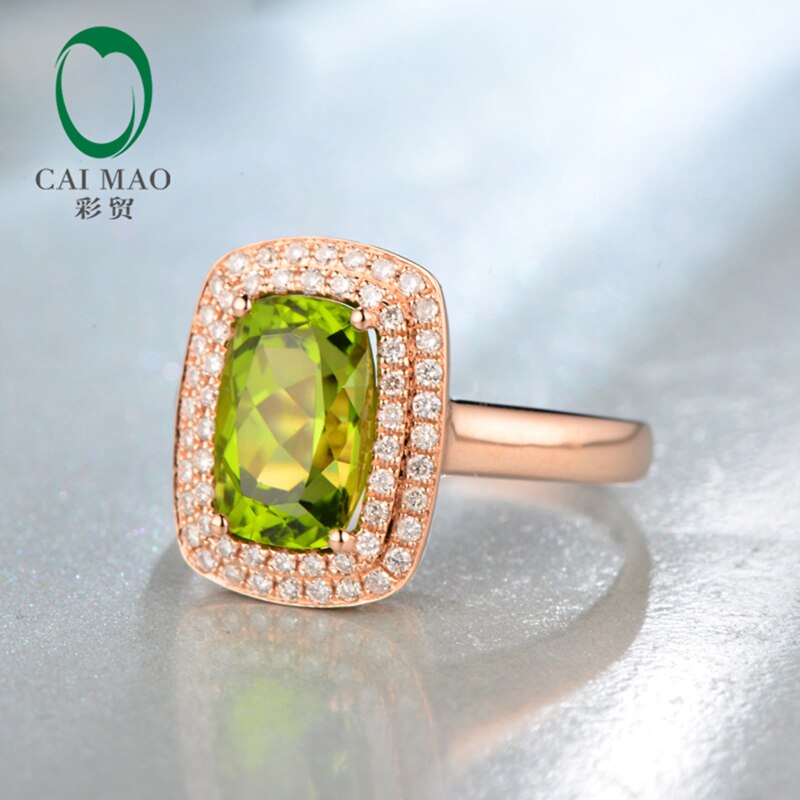 14K Rose Gold Halo Engagement Ring with 3.27 ctw Green Peridot and Pave Diamonds. for her