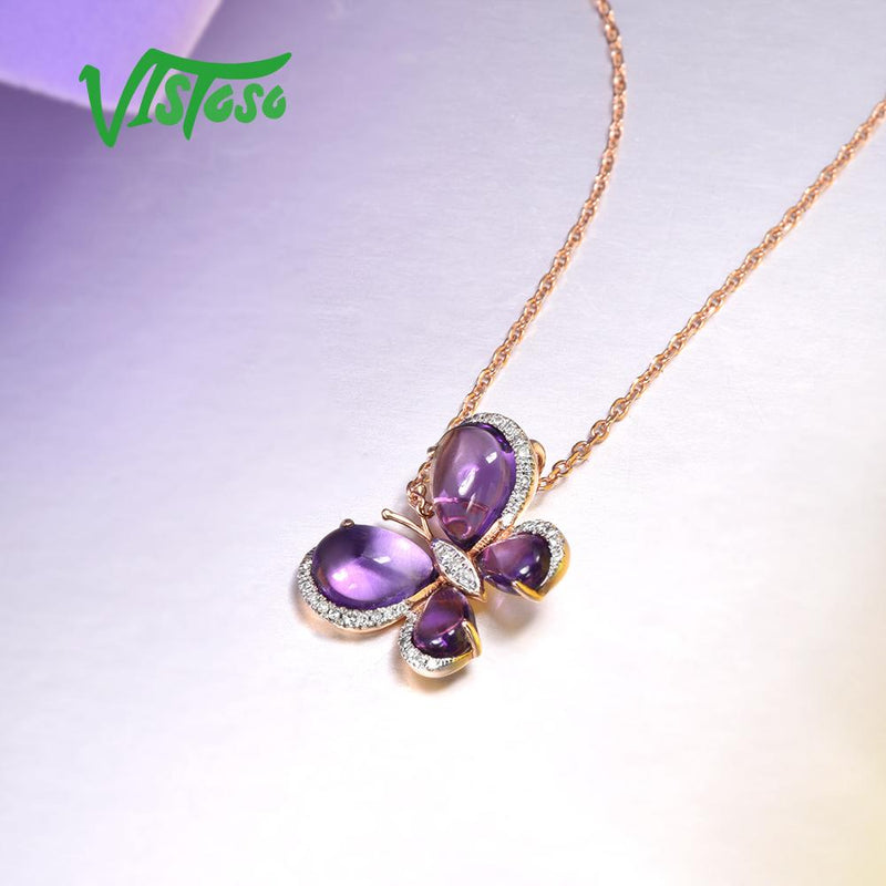 14K Rose Gold Amethyst and Diamond Butterfly Pendant for her