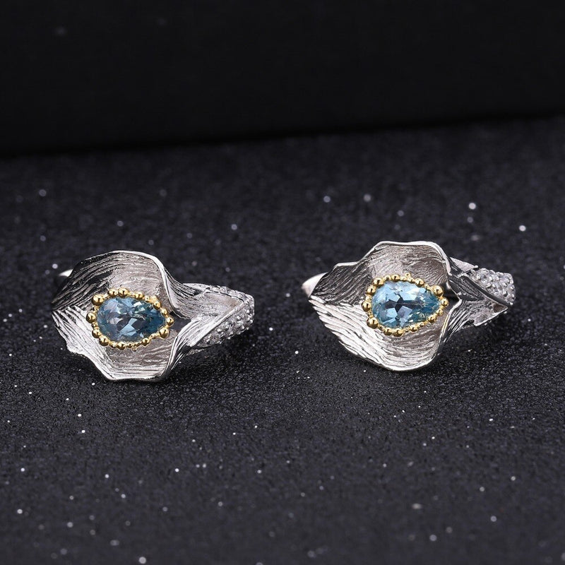 GEMS BALLET 925 Sterling Silver 3.02Ct Natural Swiss Blue Topaz Handmade Lily Ring & Earrings Jewelry Set