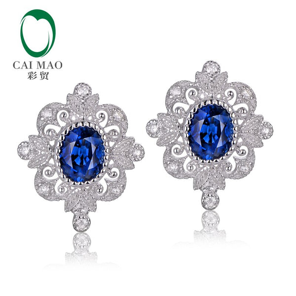 14kt White Gold Blue Sapphires Diamond Retro Earrings for Women