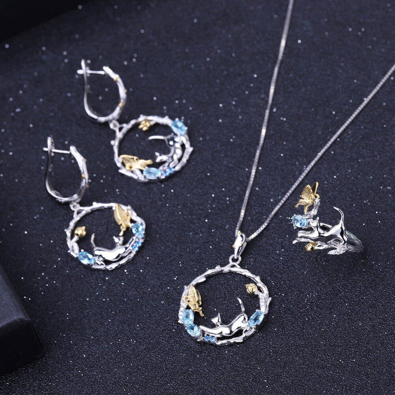 GEMS BALLET 925 Sterling Silver Natural Swiss Blue Topaz Handmade Cat and Butterfly Ring Earrings & Pendant Jewelry Set