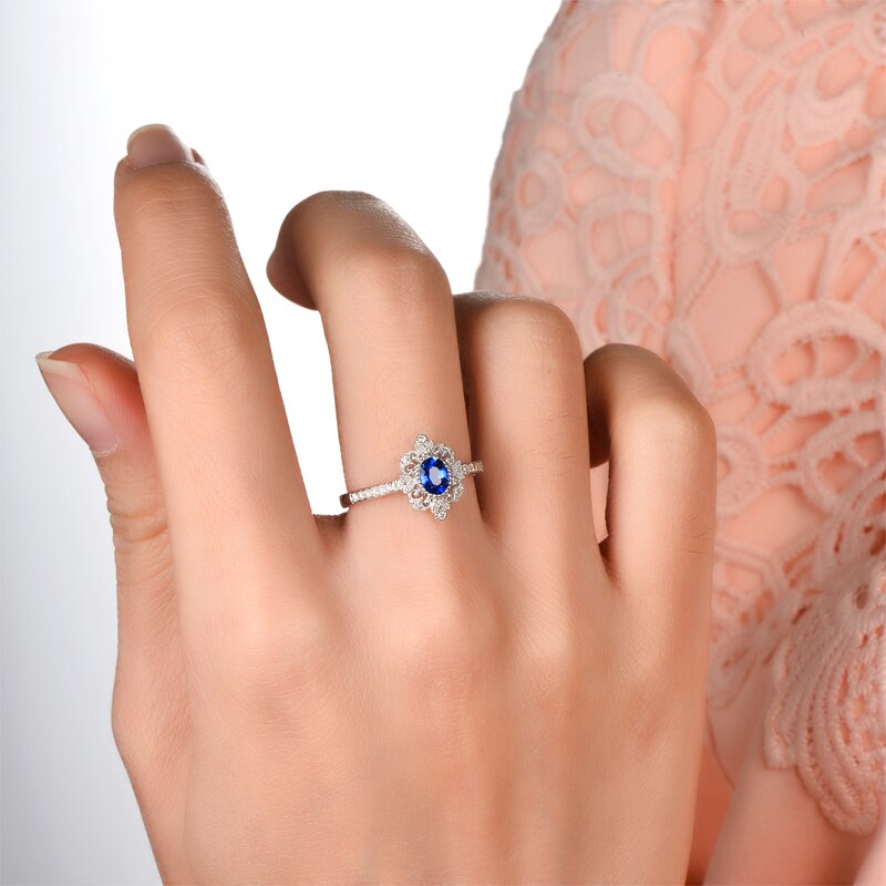 14K White Gold 0.50ct Blue Sapphire Pave Diamond Engagement Ring for Her