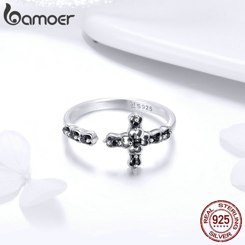 925 Sterling Silver Black CZ Adjustable Cross Ring for Women