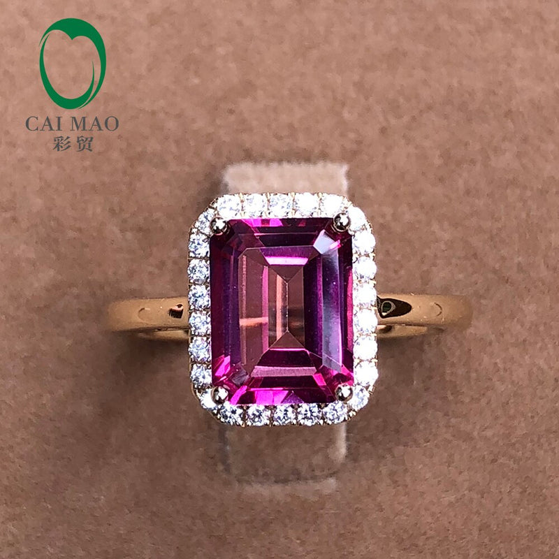 14k Yellow Gold Emerald Cut Pink Topaz Halo Diamond Engagement Ring for her