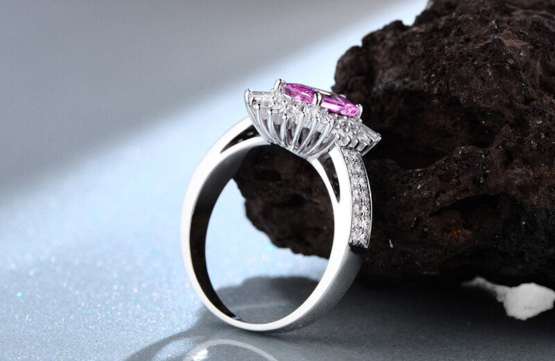 14K White Gold Pink Sapphire and Diamond Engagement Ring.