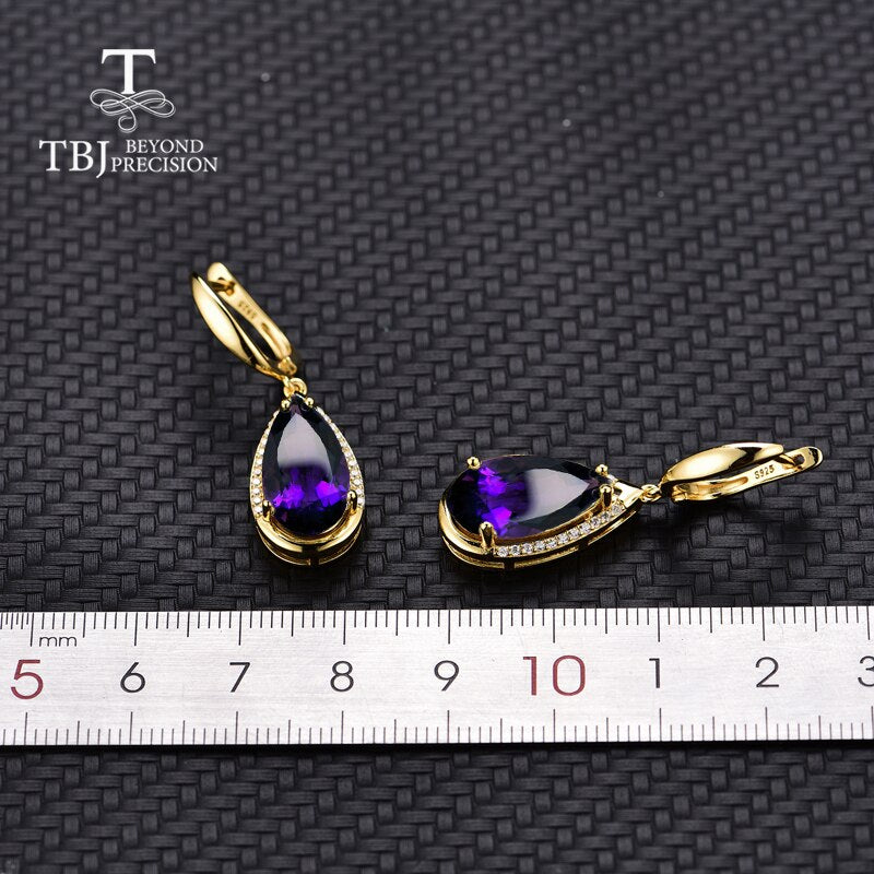 TBJ 925 Sterling Silver Natural Africa Amethyst pear 8 * 16mm Clasp Earring