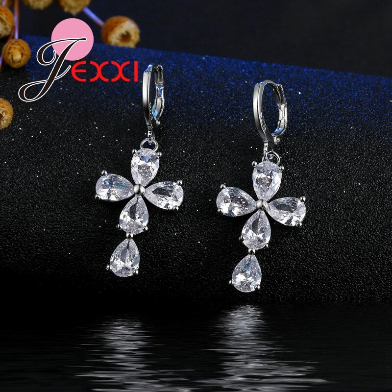 Luxury 925 Sterling Silver Cubic Zircon Cross Pendants Necklace Earrings Set For Women Wedding Engagement Accessory