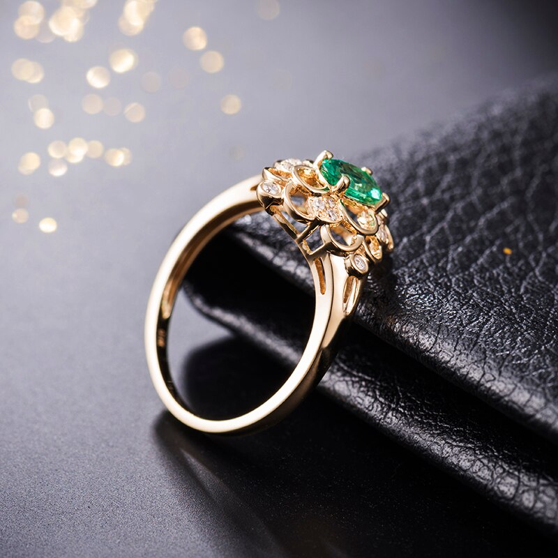 14K Yellow Gold Natural Diamond & Colombia Emerald Special Design Ring