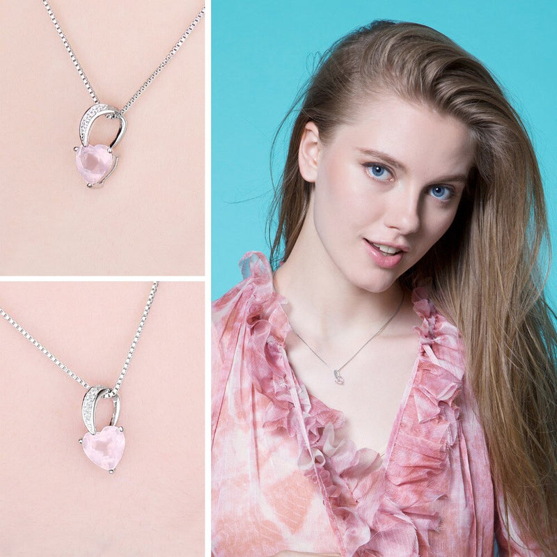 Sterling Silver Natural Pink Quartz Heart Pendant Necklace for Woman