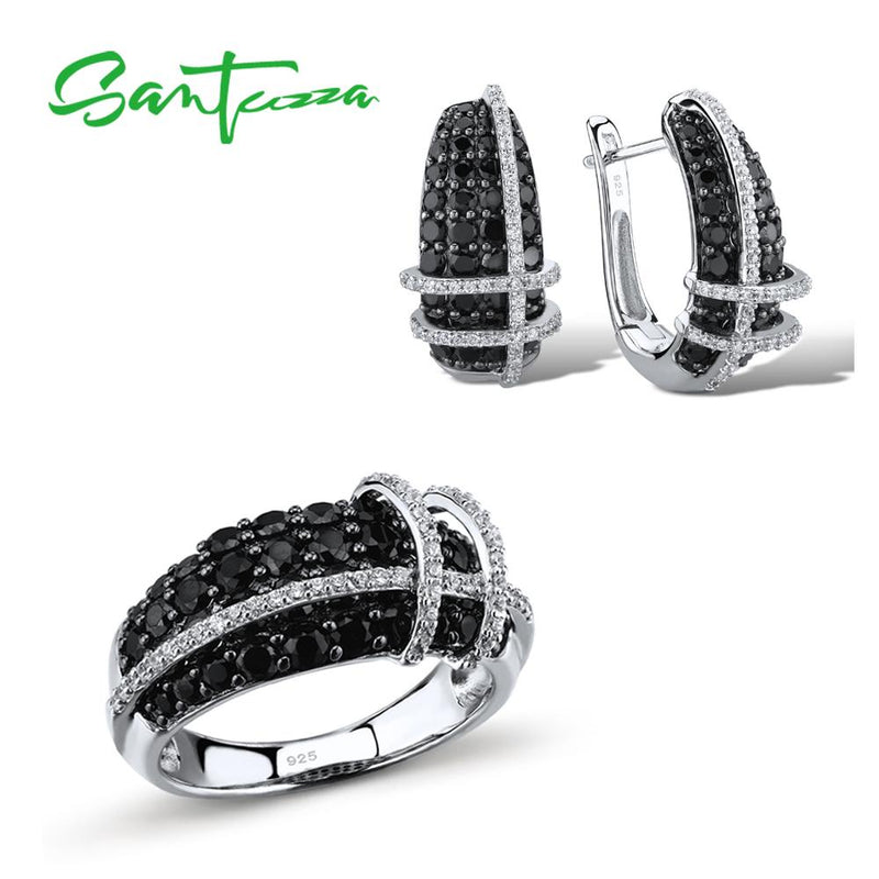 SANTUZZA Fashion Sparkling Black Spinels White CZ Stones Ring & Earrings Jewelry Set 925 Sterling Silver