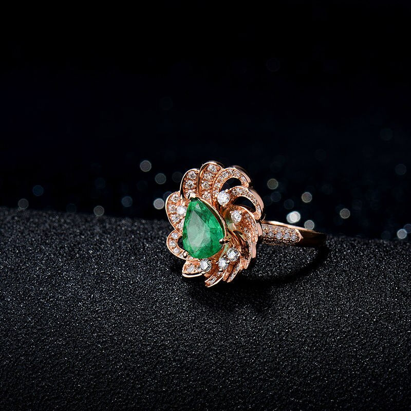 18K Rose Gold Colombian Emerald Pear Cut Engagement Ring