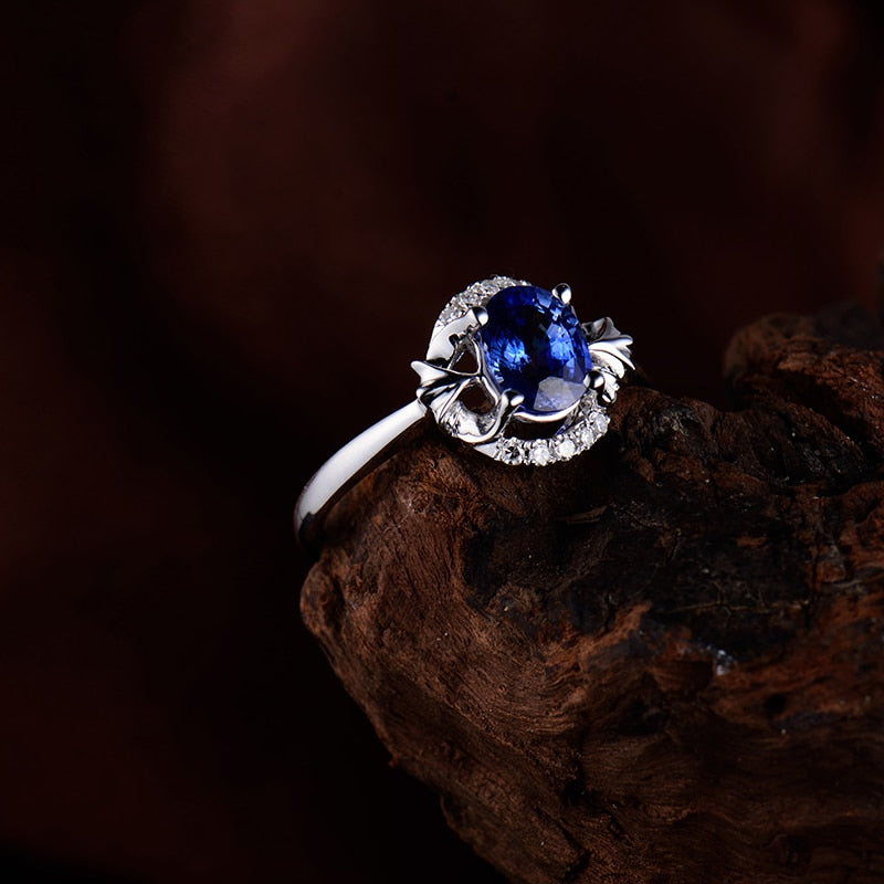 18K White Gold Natural Blue Sapphire Ring for Women