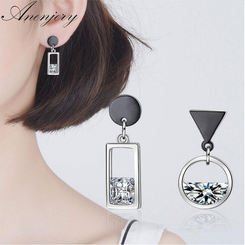 Anenjery 925 Sterling Silver Spring Water Zircon Black Circle Square Asymmetric Earrings