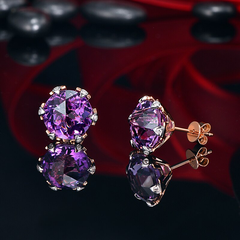 14k Rose and White Gold Amethyst Stud Earrings with Diamonds for Women