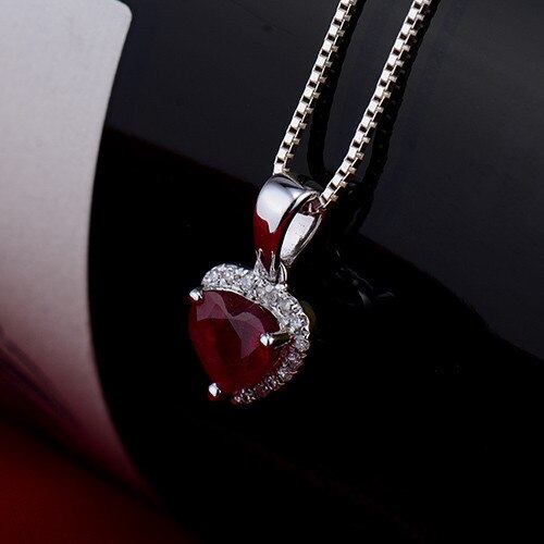 LOVERJEWELRY Solid 18K White Gold Diamond Red Ruby Heart Pendant