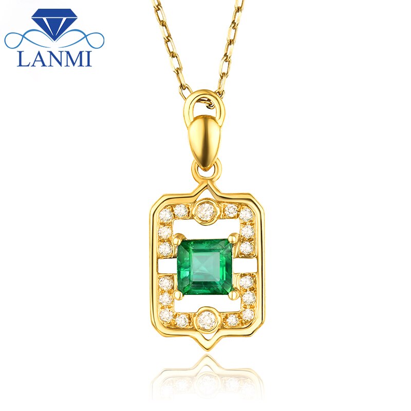 18K Yellow Gold Colombia Green Emerald Pendant Necklace for Women