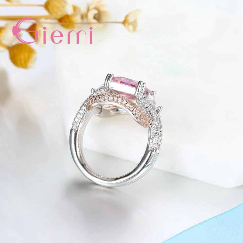 925 Sterling Silver Top Selling Cute Pink Square Stone Austrian Crystal Ring Engagement Wedding Ceremony Femme Jewelry