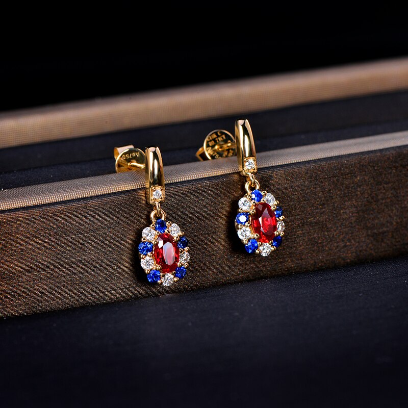 14k Yellow Gold Red Ruby and Diamond Sapphire Dangle Earrings for Women