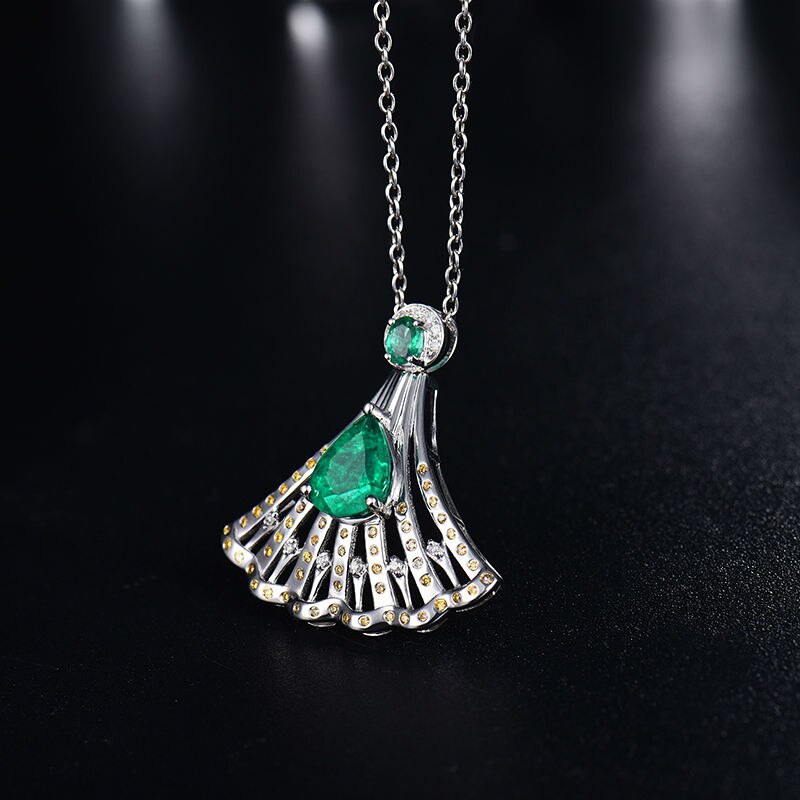 14K White Gold Emerald Fan Shape Pendant Necklace for Women