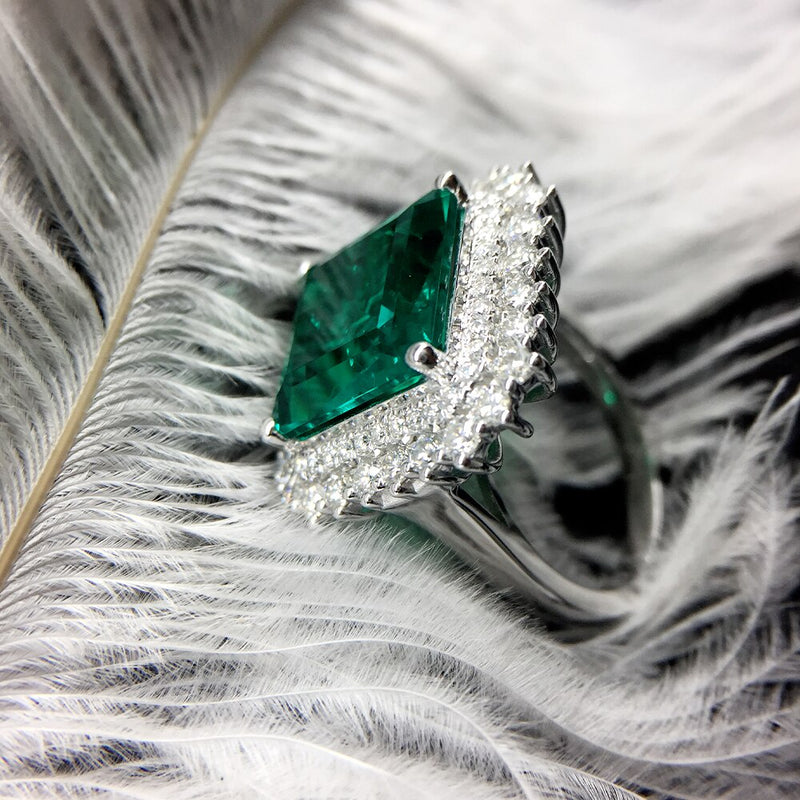 10 Carat 9K White Gold Colombian Lab Created Emerald with Moissanite Ring